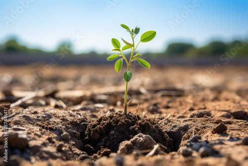  a young plant sprouts from the ground in the middle of a dirt field with a blue sky in the backround of the picture is a field.