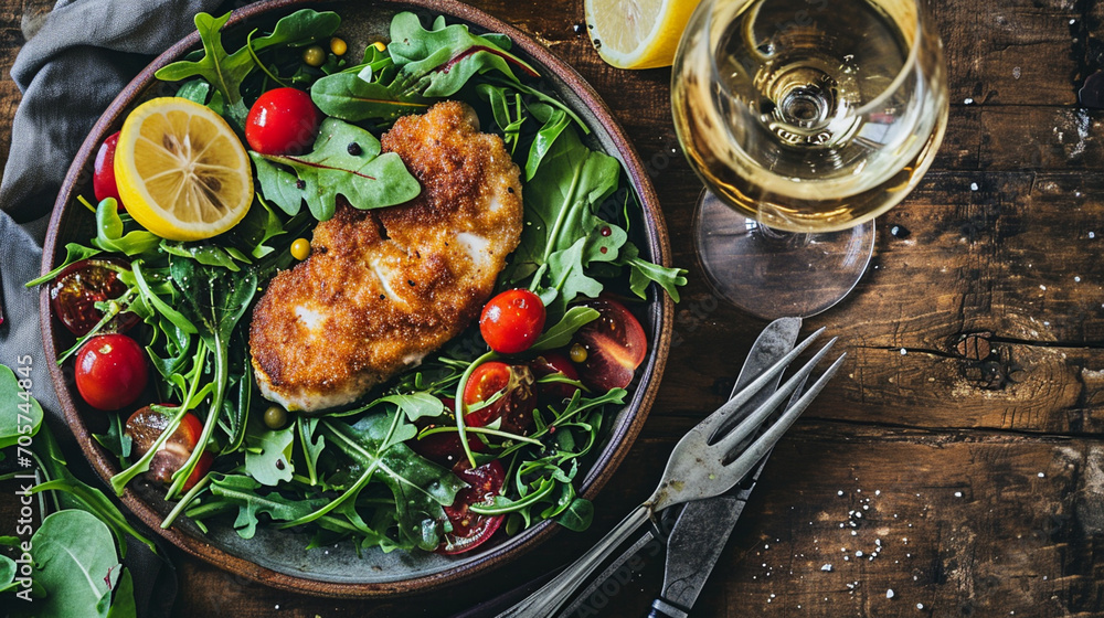 fish cutlet on greens and glass of wine on wooden background. delicious food. - obrazy, fototapety, plakaty 