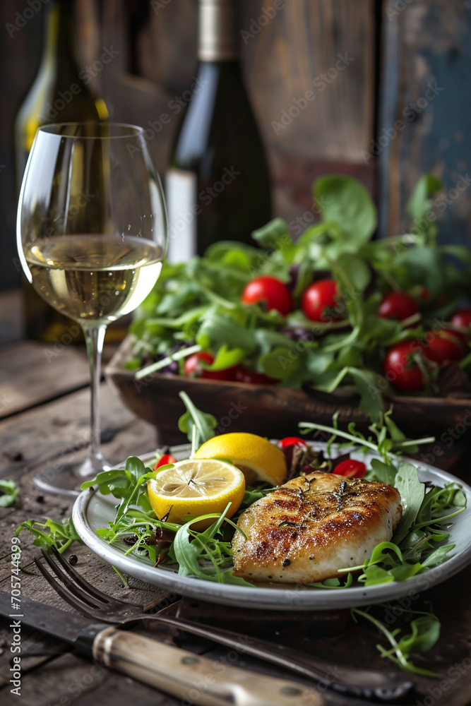 fish cutlet on greens and glass of wine on wooden background. delicious food. fish cutlet on greens and glass of wine on wooden background. delicious food.