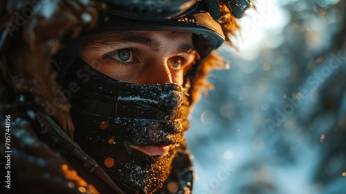 Warrior observing the frozen landscape during a chilling winter mission at dawn, focused on the surrounding environment while snowflakes fall gently around him photo