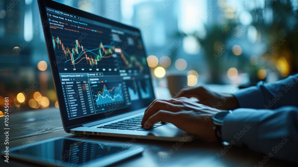 Financial Analysis: An individual analyzing financial data, with graphs, charts, and reports spread out on a desk or displayed on a monitor - obrazy, fototapety, plakaty 