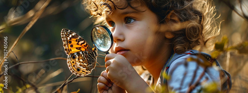 Smiling child looking at butterfly through magnifying glass.nature photo