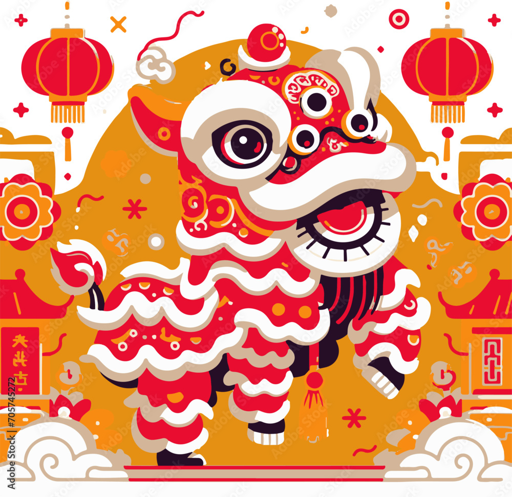 Chinese New Year. Lion Dance. Vector illustration.