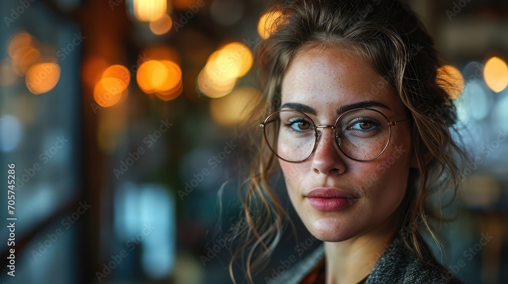 Young woman with glasses poses confidently in a cozy cafe with warm lighting and blurred backgrounds during evening hours Young woman with glasses poses confidently in a cozy cafe with warm lighting and blurred backgrounds during evening hours
