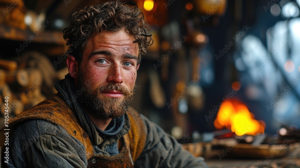 Craftsman in traditional workshop engaged in metalworking with tools and fire in a rustic setting during daylight hours Craftsman in traditional workshop engaged in metalworking with tools and fire in a rustic setting during daylight hours