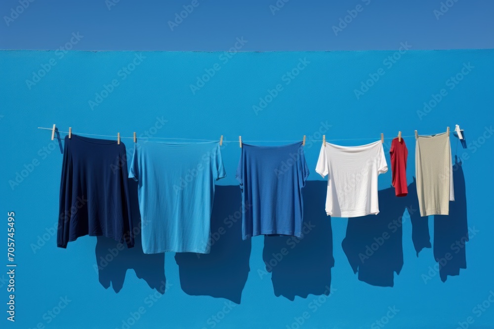 a line of clothes hanging on a clothesline against a blue wall with a shadow of clothes hanging on a clothesline against a blue wall with a blue background. a line of clothes hanging on a clothesline against a blue wall with a shadow of clothes hanging on a clothesline against a blue wall with a blue background.