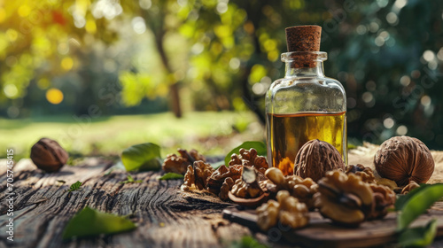 Oil in a glass walnut bottle lies on a wooden table with a walnut tree in the background
