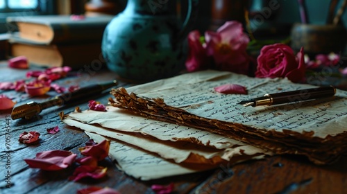 Handwritten Love Letters: An image of handwritten love letters and cards on a table surrounded by rose petals and a pen photo