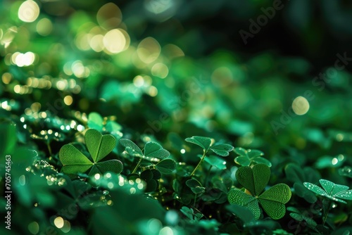 Green background with three-leaved shamrocks. St. Patrick's day holiday symbol.