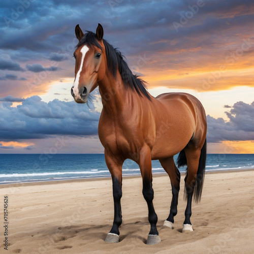 Brown horse on sandy beach at sunset
