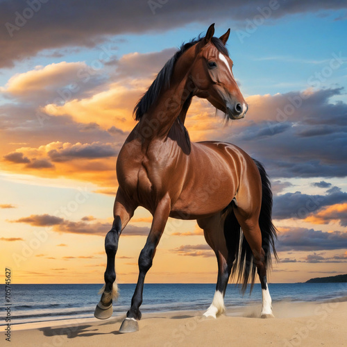 Brown horse on sandy beach at sunset