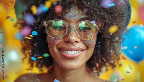 Curly black african american smiling woman in sunglasses on yellow background with balloons. Serpantine, confetti. Concept Festival, Carnival, Dentistry, Birthday, Holidays, Travel photo