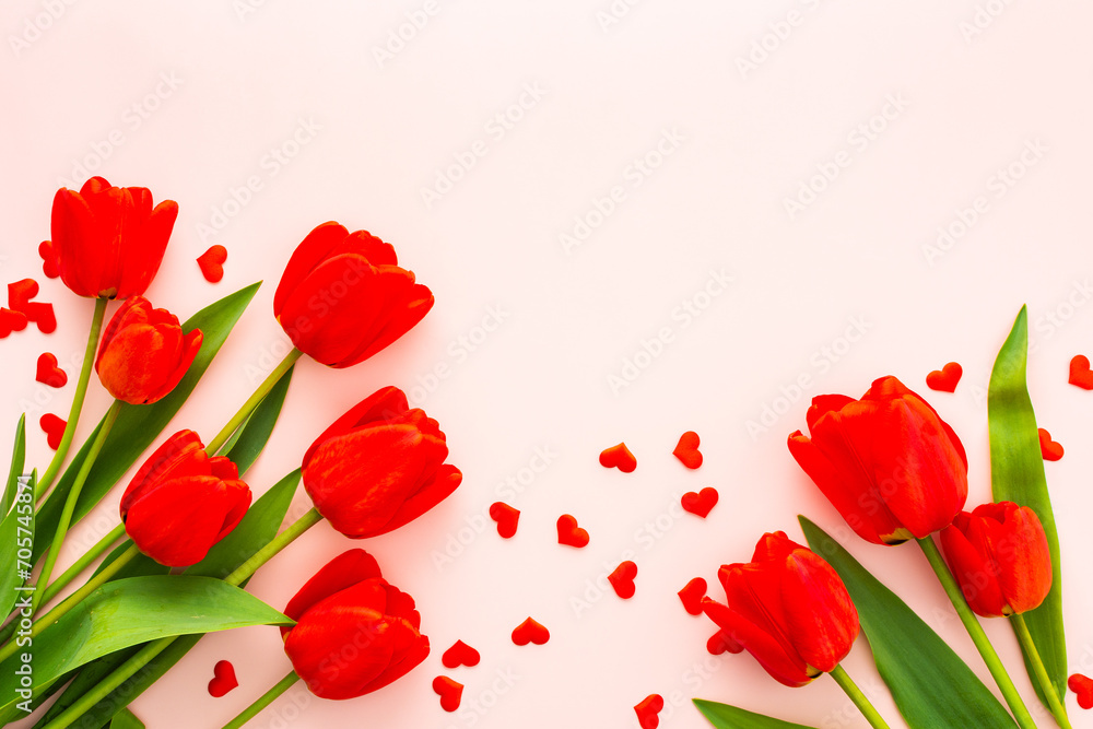 Fresh red tulips and hearts on pink background, concept of spring and holidays or Valentine's Day, top view, copy space Fresh red tulips and hearts on pink background, concept of spring and holidays or Valentine's Day, top view, copy space