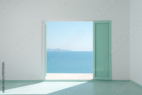 an open door in a white room with a view of a body of water and a mountain in the distance  with a bright green door in the middle of the room.