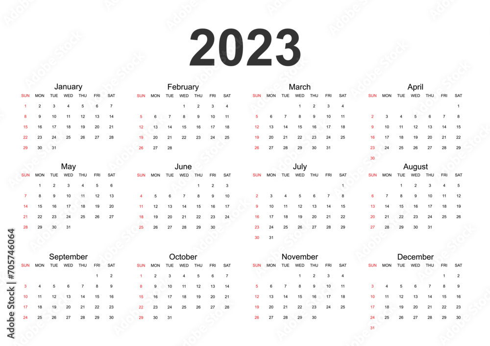 Classic monthly calendar for 2023. Calendar in the style of minimalist square shape. The week starts on Sunday. Work or business calendar. 2023 calendar in minimalist style.