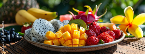 Assortment of tropical fresh fruits on a plate.