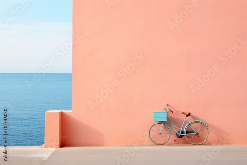  a bike leaning against a pink wall next to a body of water in front of a pink wall with a blue bench in front of it and a blue ocean in the background. photo