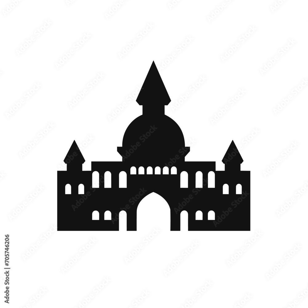 Building simple flat black and white icon logo, reminiscent of Alhambra, Building Culture Flat Minimalist Monochrome.