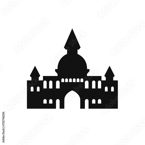 Building simple flat black and white icon logo, reminiscent of Alhambra, Building Culture Flat Minimalist Monochrome. © Yan
