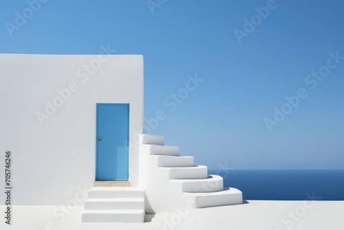  a white building with a blue door and steps leading up to a blue door on the side of a white building with steps leading up to the side of the building.