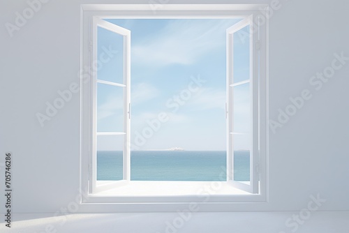  a white room with an open window looking out to the ocean and a view of a distant island in the distance  with a bright blue sky and white background.