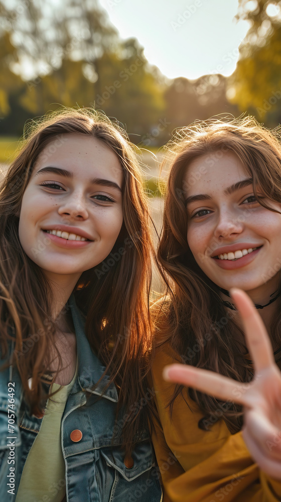 Obraz premium Two Young Women Strike a Pose for a Smartphone Selfie in the Park, Capturing a Moment of Fun and Togetherness