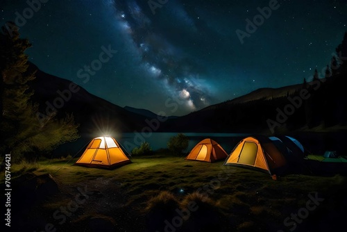 Camping in the wilderness. A pitched tent under the glowing night sky stars of the milky way with snowy mountains in the background. Nature landscape photo composite.
