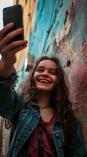 Smiling Teenager Captures a Selfie Using a Smartphone, Seen from a Low Angle Against a Wall, Immortalizing a Moment of Youthful Joy