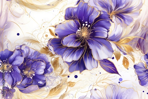  a painting of purple flowers with gold leaves on a white and blue background with gold swirls and dots on the bottom of the image and bottom half of the image.