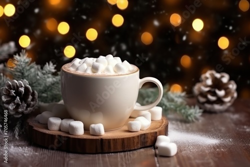  a cup of hot chocolate with marshmallows on a wooden board in front of a christmas tree with lights in the background and snow falling on the ground.