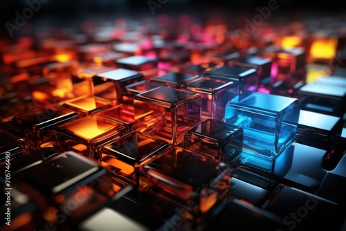  a bunch of different colored cubes that are in the shape of a computer keyboard, with a blurry background of orange, pink, blue, yellow, and red.