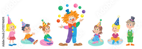 Happy children in festive caps watch the performance of a funny clown. In cartoon style. Isolated on white background. Vector flat illustration.