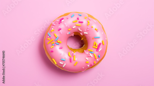  Top view of a pink donut on a colorful background. A playful and eye-catching image for promoting sweet treats