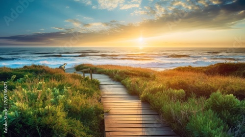 Empty wooden walkway on the ocean coast in the sunset time  pathway to beach