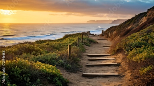 Empty wooden walkway on the ocean coast in the sunset time  pathway to beach