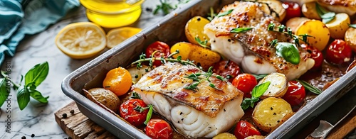 Baked cod fish with potatoes and cherry tomatoes on marble table.