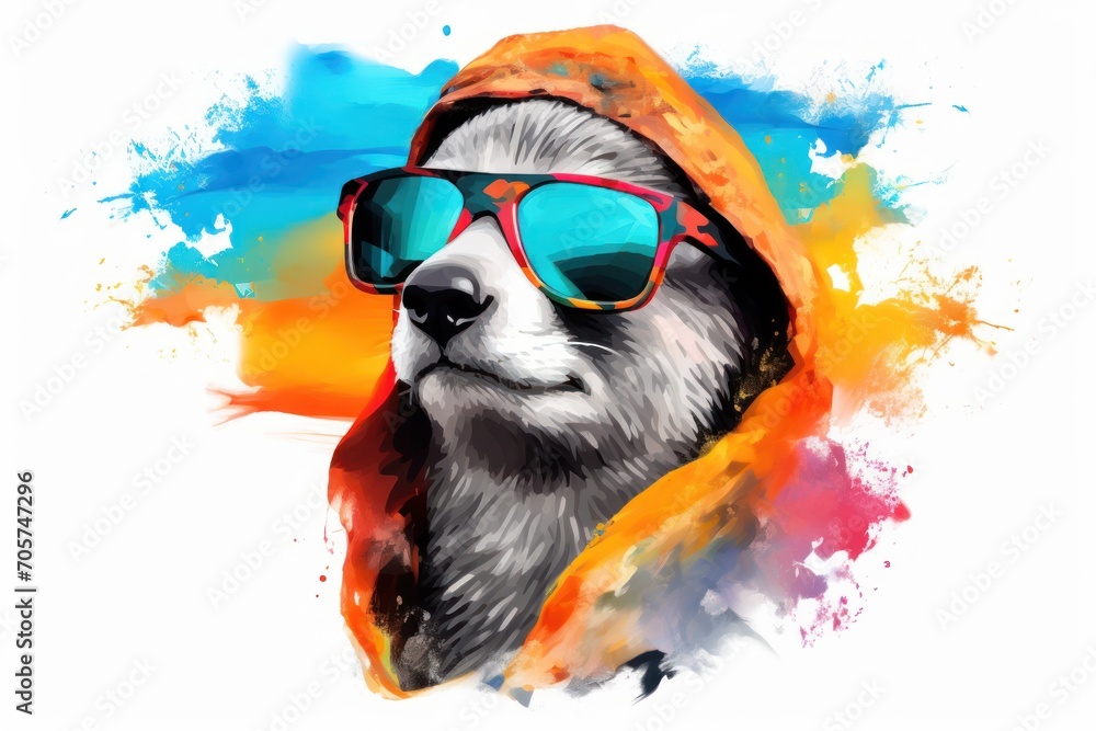  a drawing of a polar bear wearing sunglasses and a hoodie with a splash of paint on it's face and the image of a polar bear wearing sunglasses.