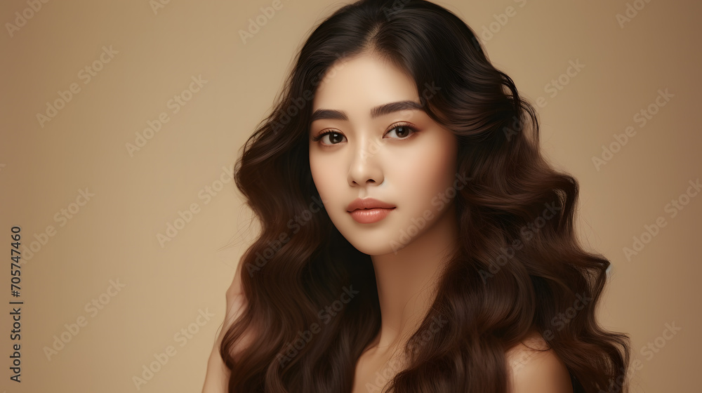 Young Asian woman with black hair and beautiful eyes, on a background the same color as her skin. isolate. Young Asian woman with black hair and beautiful eyes, on a background the same color as her skin. isolate.