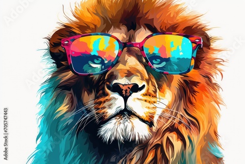  a picture of a lion with sunglasses on it's head and a white background with the image of a lion wearing a pair of sunglasses on it's head.