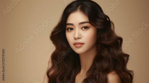 Young Asian woman with black hair and beautiful eyes, on a background the same color as her skin. isolate.