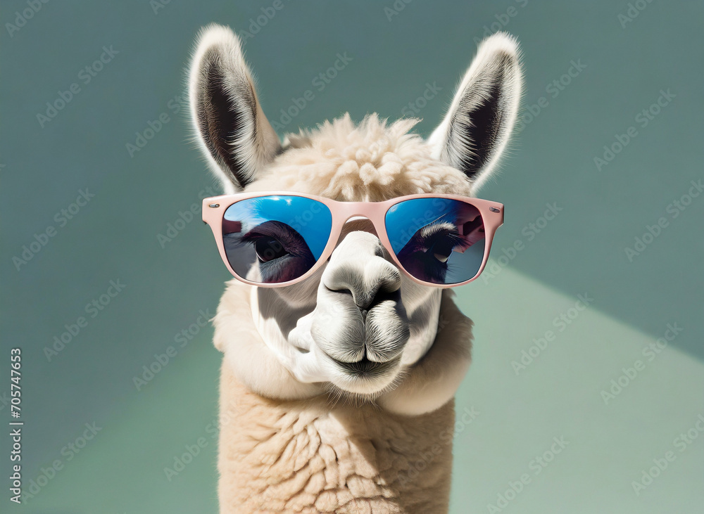 Obraz premium a llama wearing sunglasses and a blue hat