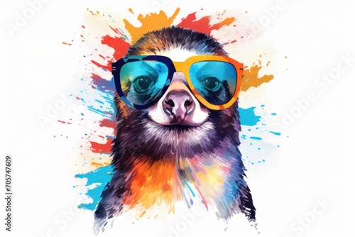  a painting of a dog wearing sunglasses with a splash of paint on the back of it's head and wearing a pair of blue and yellow sunglasses with a red nose ring.