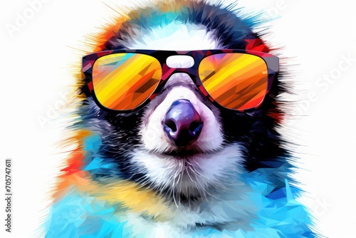  a black and white dog with sunglasses on it's face is looking at the camera while wearing a pair of red and yellow sunglasses on it's face. © Nadia