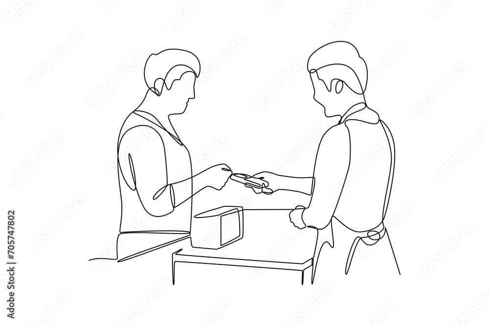 Continuous one line drawing Customers paying at checkout and cashier counters concept. Doodle vector illustration. Continuous one line drawing Customers paying at checkout and cashier counters concept. Doodle vector illustration.