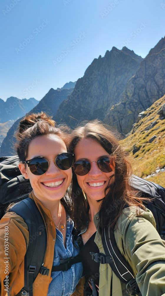 Happy Mother and Daughter Capture a Joyful Moment on Their Hike through Sunny Mountains, Pausing to Take a Selfie and Cherish Their Time Together in Nature Happy Mother and Daughter Capture a Joyful Moment on Their Hike through Sunny Mountains, Pausing to Take a Selfie and Cherish Their Time Together in Nature