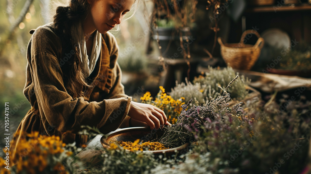 A woman collects medicinal herbs. nature - obrazy, fototapety, plakaty 