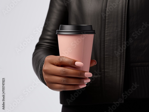 woman hand holding a take away paper cup with lid, mockup, coffee cup, Generated AI