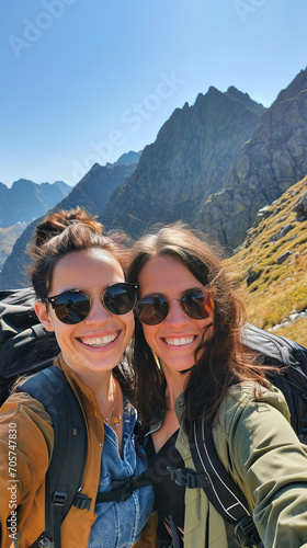 Happy Mother and Daughter Capture a Joyful Moment on Their Hike through Sunny Mountains, Pausing to Take a Selfie and Cherish Their Time Together in Nature