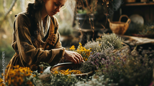 A woman collects medicinal herbs. nature