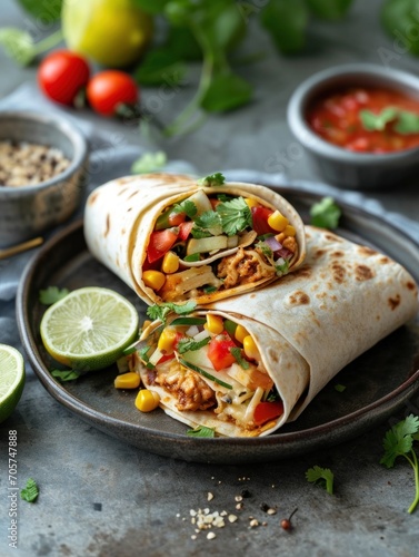  Mexican street food setting with burritos, featuring colorful stalls and fresh vegetables